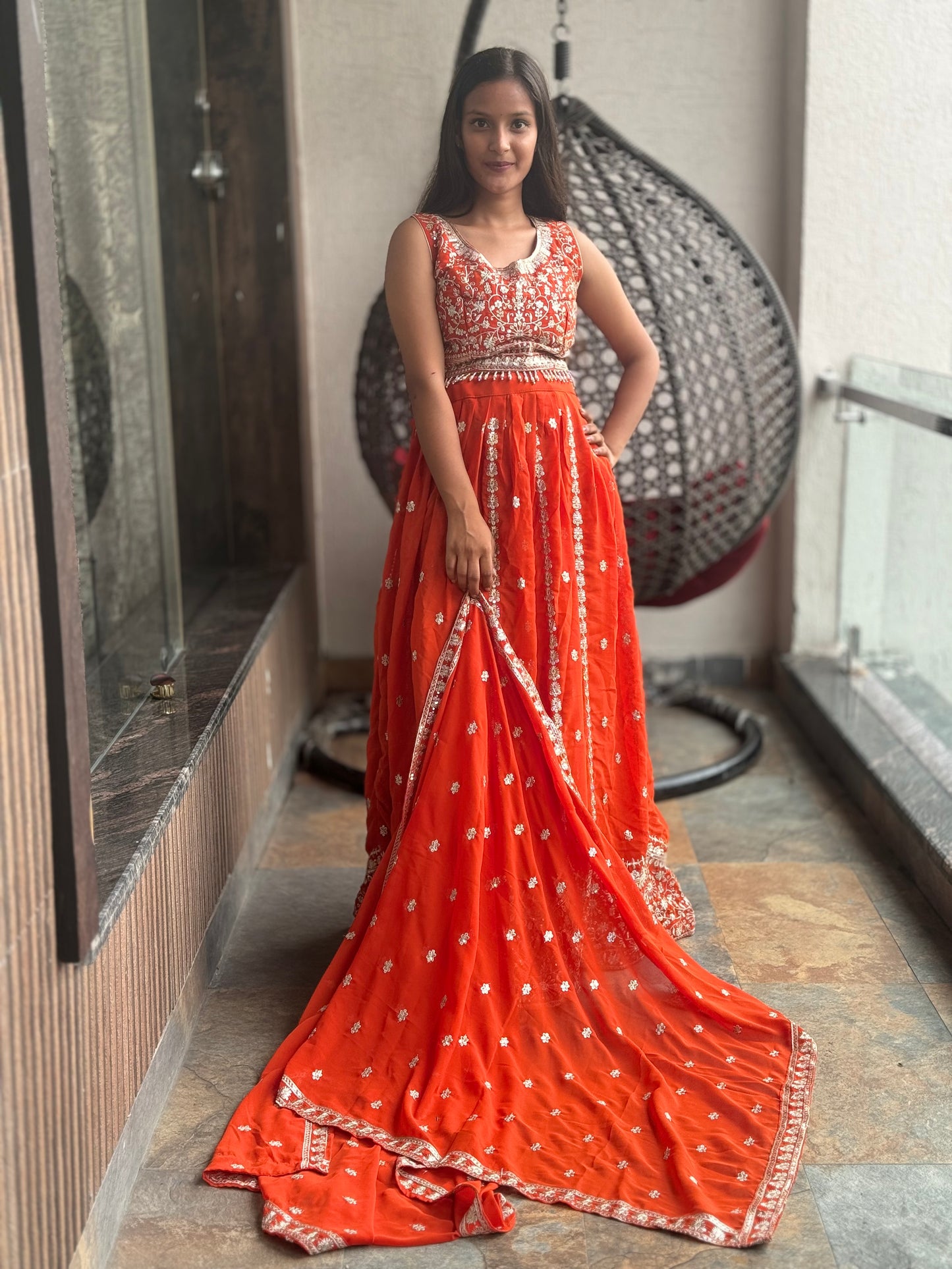 STYLISH HEAVY GEORGETTE ORANGE LEHNGA