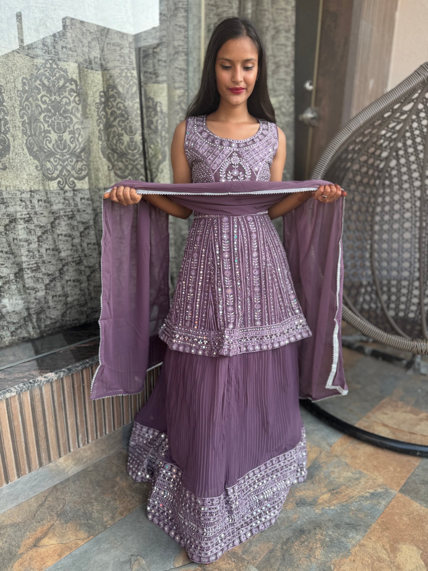 LAVNDER MIRROR HEAVY LEHNGA