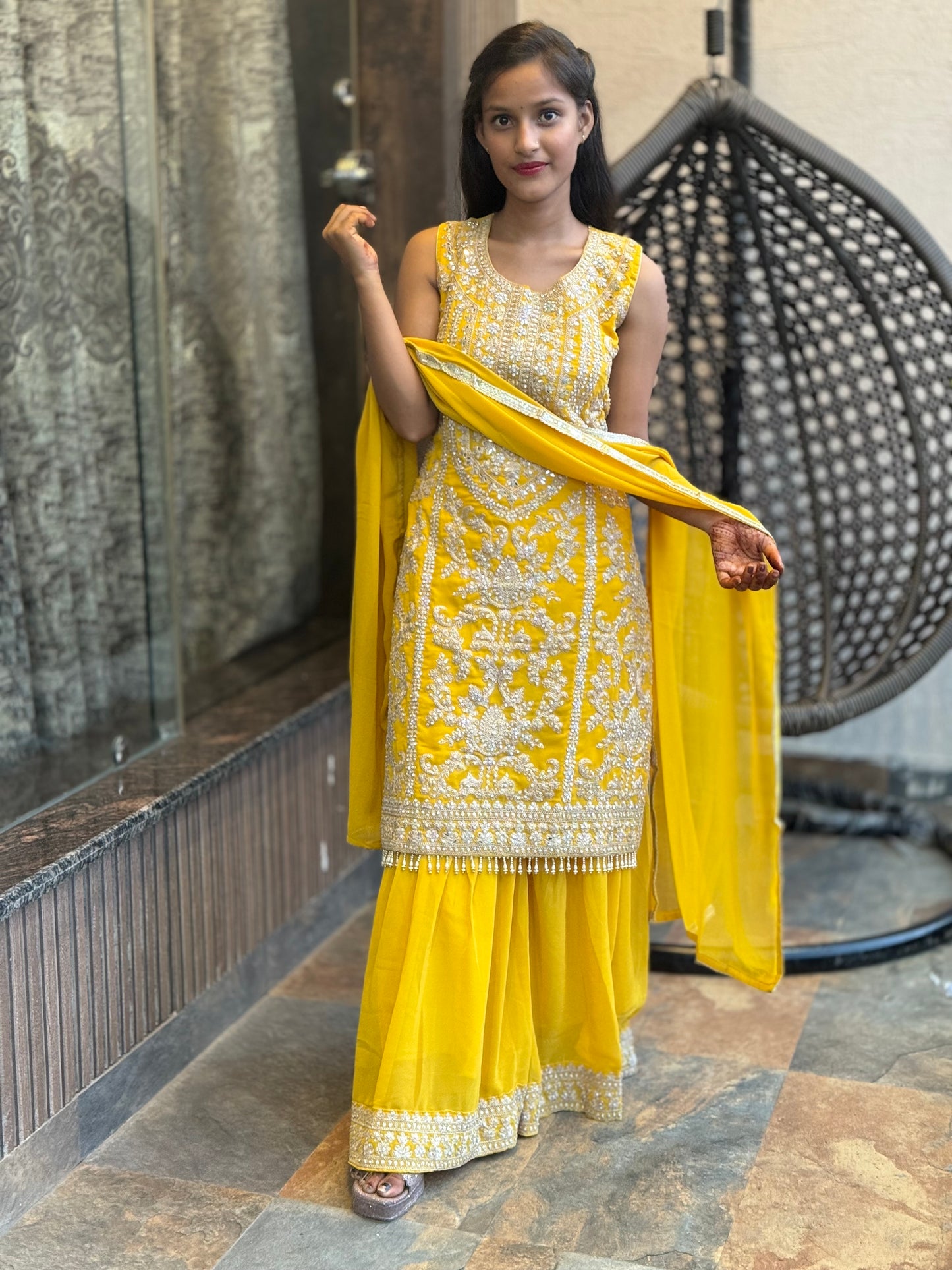 HALDI SPECIAL YELLOW MIRROR WORK SHARARA