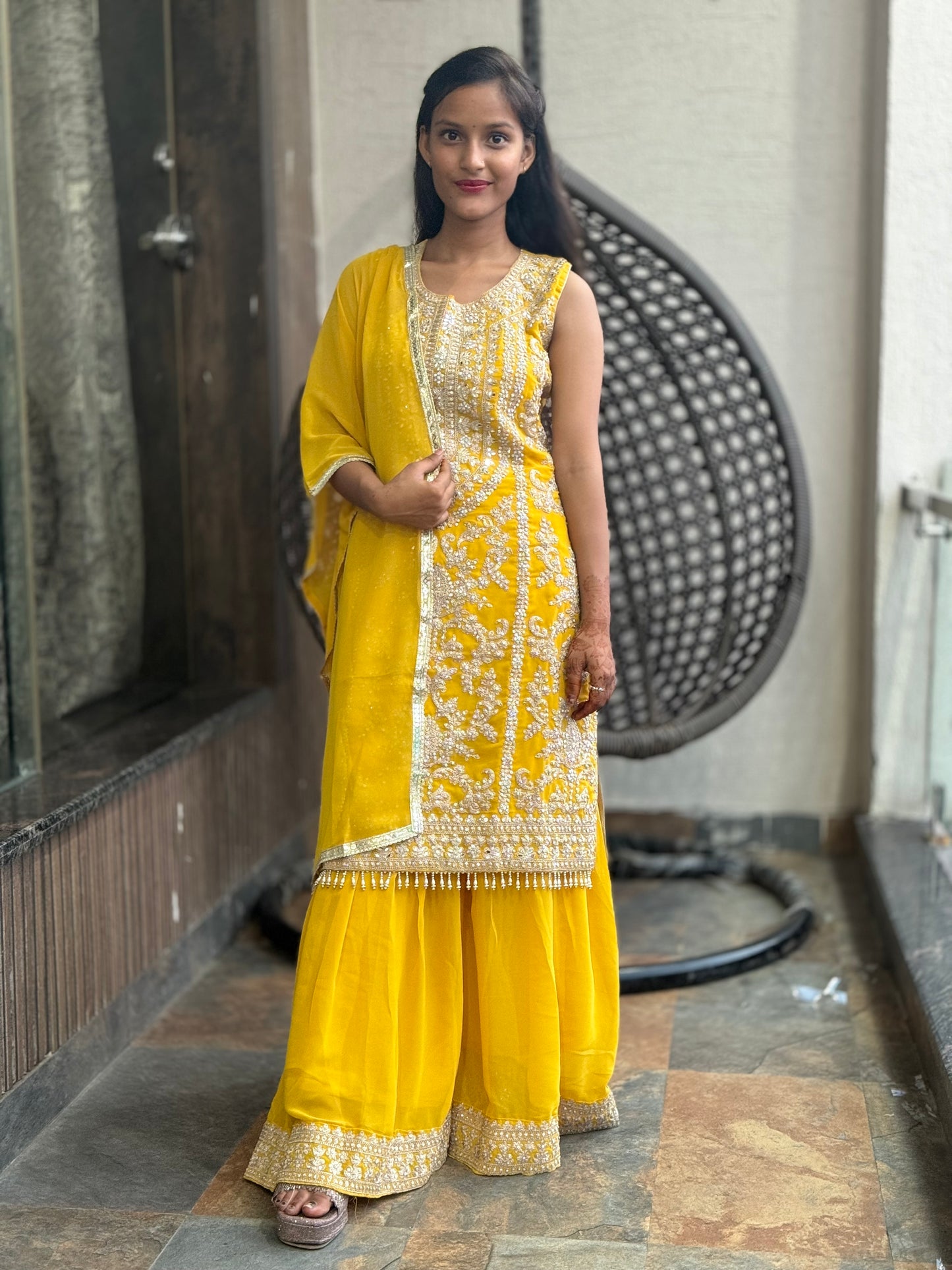 HALDI SPECIAL YELLOW MIRROR WORK SHARARA