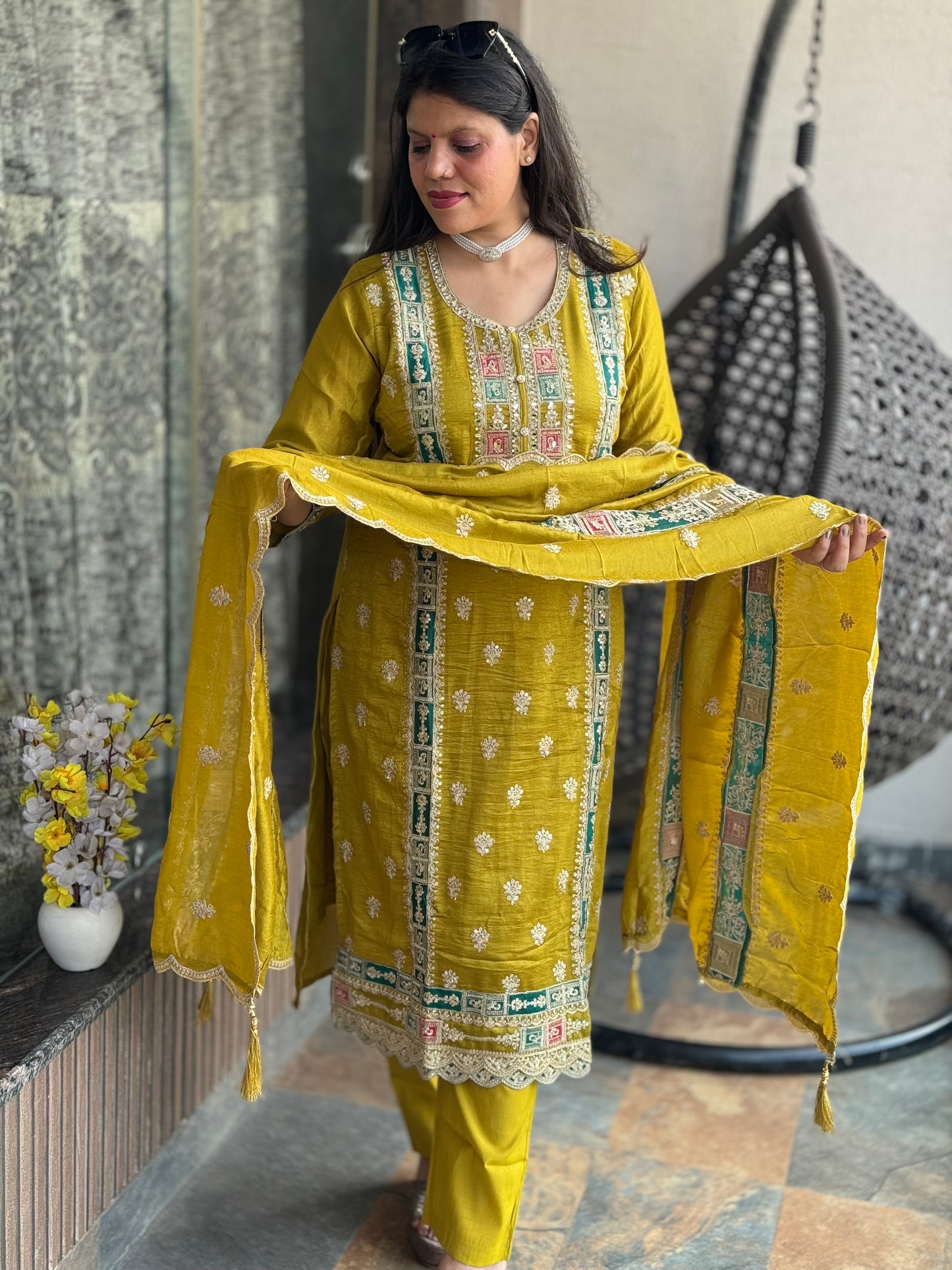 INDIPHEHNAWA WEDDING SPECIAL HEAVY EMBROIDRY WORK CHINON SUIT