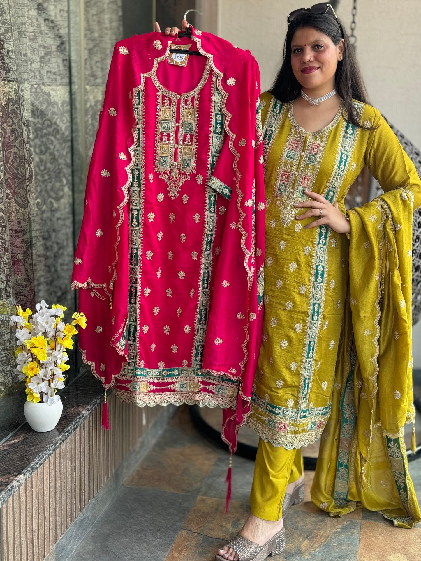 INDIPHEHNAWA WEDDING SPECIAL HEAVY EMBROIDRY WORK CHINON SUIT