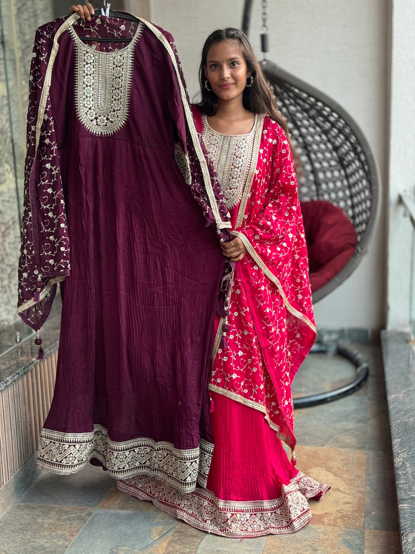 PREMIUM CHINON PLATING GOWN WITH FULKARI DUPATTA (GOWN 004)