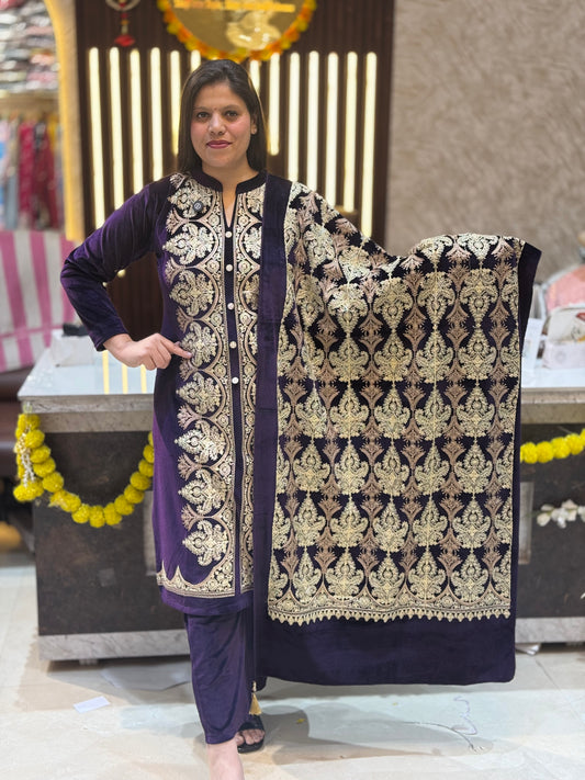 Elegant Velvet Suit with Exquisite Thread Embroidery